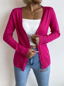 AAmilife 素色單排釦開襟衫 - 玫紅色 - 查看 8