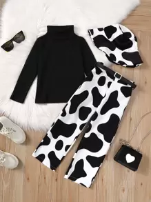 Cô Gái Trẻ Cổ cao Áo thun & In hoa bò Thắt lưng Quần - Đen và trắng - Xem 1