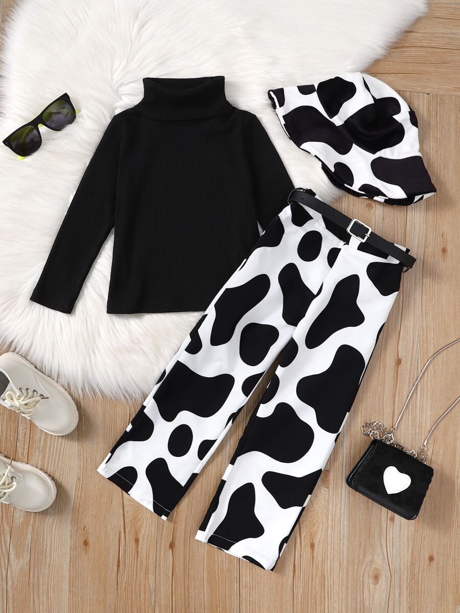 Cô Gái Trẻ Cổ cao Áo thun & In hoa bò Thắt lưng Quần - Đen và trắng - Xem 1