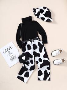 Cô Gái Trẻ Cổ cao Áo thun & In hoa bò Thắt lưng Quần - Đen và trắng - Xem 3