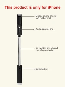 Plain Telescopic Wired Selfie Stick Compatible With iPhone - Black - View 3