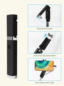 Plain Telescopic Wired Selfie Stick Compatible With iPhone - Black - View 4