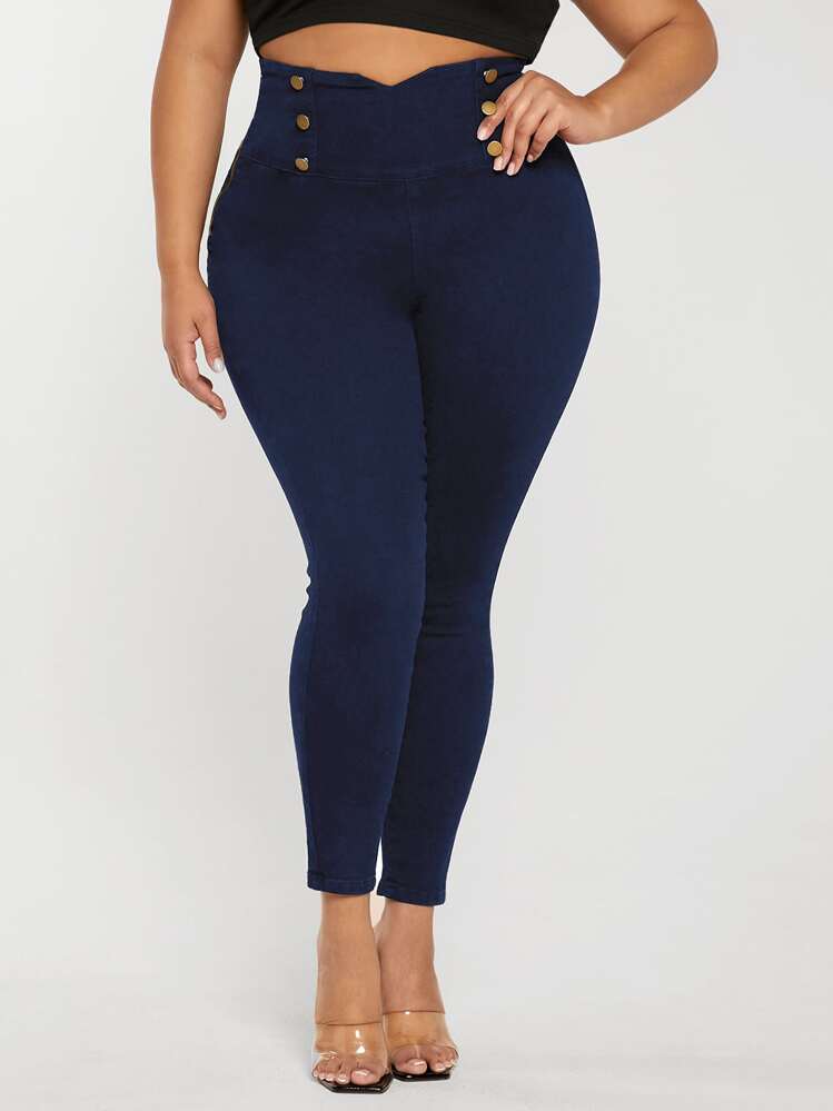 SHEIN SXY Jeans ajustados de cintura ancha con botones - Azul lavado oscuro - Añade 1