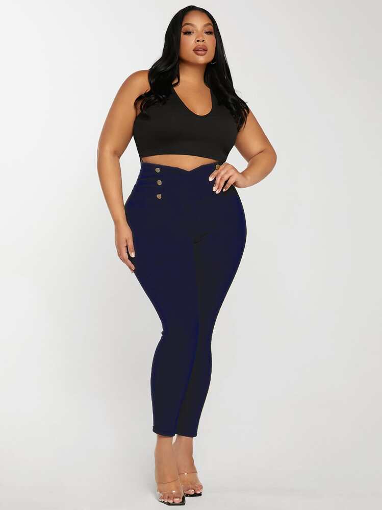 SHEIN SXY Jeans ajustados de cintura ancha con botones - Azul lavado oscuro - Añade 3