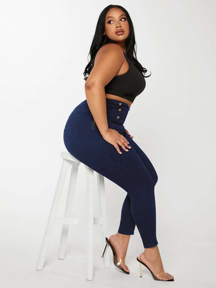 SHEIN SXY Jeans ajustados de cintura ancha con botones - Azul lavado oscuro - Añade 6
