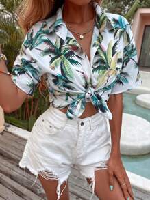 Breezaya Tropical Print Button Front Shirt - White - View 4