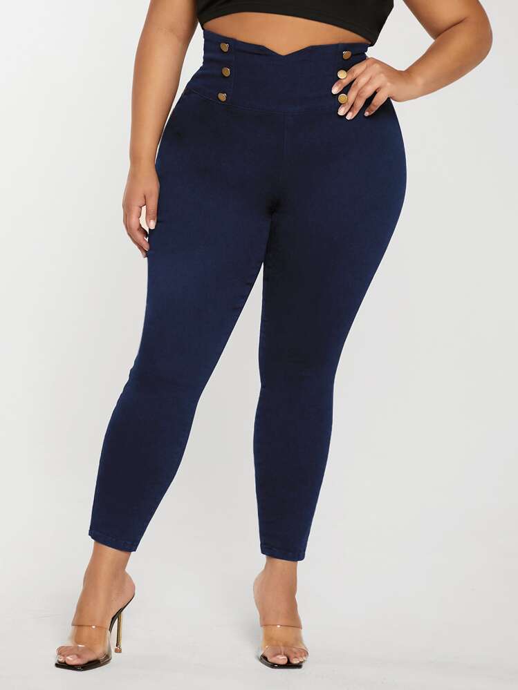 SHEIN SXY Jeans ajustados de cintura ancha con botones - Azul lavado oscuro - Añade 4