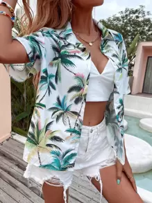 Breezaya Tropical Print Button Front Shirt - White - View 5