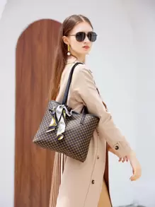 Bow Decor Geometric Pattern Skinny Scarf Decor Shoulder Bag - Coffee Brown - View 1