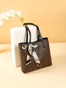 Bow Decor Geometric Pattern Skinny Scarf Decor Shoulder Bag - Coffee Brown - View 3