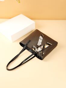 Bow Decor Geometric Pattern Skinny Scarf Decor Shoulder Bag - Coffee Brown - View 4