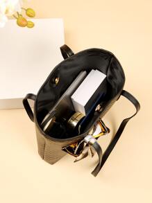 Bow Decor Geometric Pattern Skinny Scarf Decor Shoulder Bag - Coffee Brown - View 5