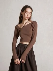Jersey corto de cuello asimétrico tejido de canalé - Café integral - Ver 1