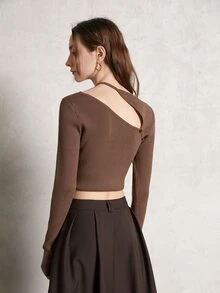 Jersey corto de cuello asimétrico tejido de canalé - Café integral - Ver 2