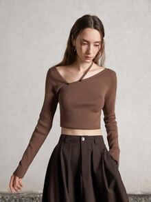 Jersey corto de cuello asimétrico tejido de canalé - Café integral - Ver 3