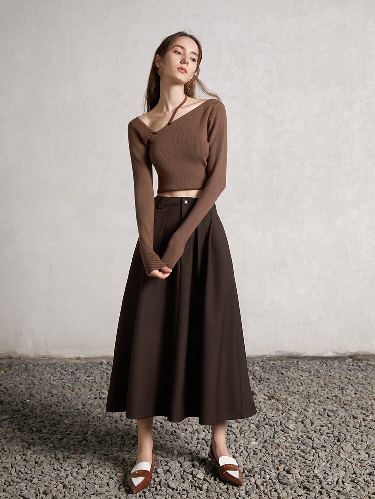 Jersey corto de cuello asimétrico tejido de canalé - Café integral - Añade 5