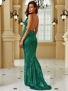 Vestido de noche formal de lentejuelas con abertura en la espalda y dobladillo de sirena. Elegante vestido para baile de graduación, cena, fiesta o boda - Azul Cadete - Ver 2