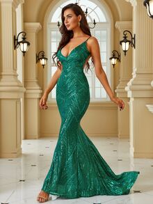 Vestido de noche formal de lentejuelas con abertura en la espalda y dobladillo de sirena. Elegante vestido para baile de graduación, cena, fiesta o boda - Azul Cadete - Ver 3