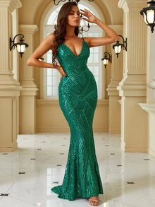 Vestido de noche formal de lentejuelas con abertura en la espalda y dobladillo de sirena. Elegante vestido para baile de graduación, cena, fiesta o boda - Azul Cadete - Ver 6