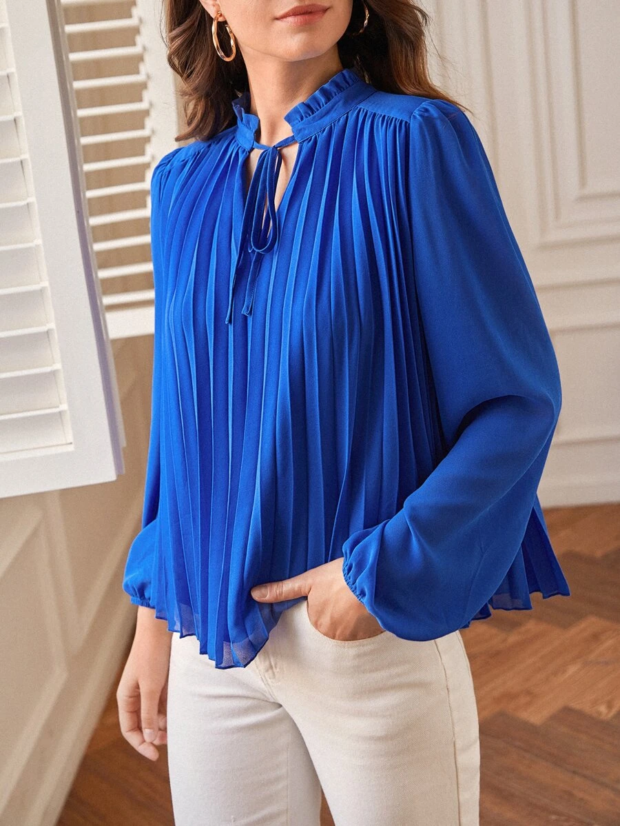 SHEIN Frenchy 繫帶領燈籠袖褶皺上衣