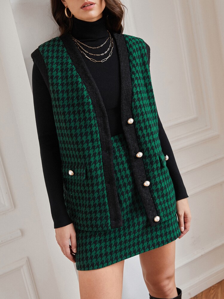 SHEIN Frenchy Houndstooth Tweed Vest Jacket And Skirt - Green - View 1