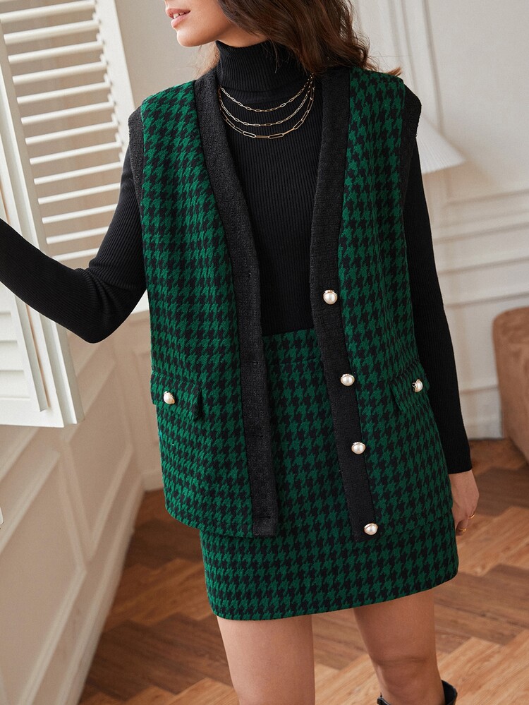 SHEIN Frenchy Houndstooth Tweed Vest Jacket And Skirt - Green - View 2