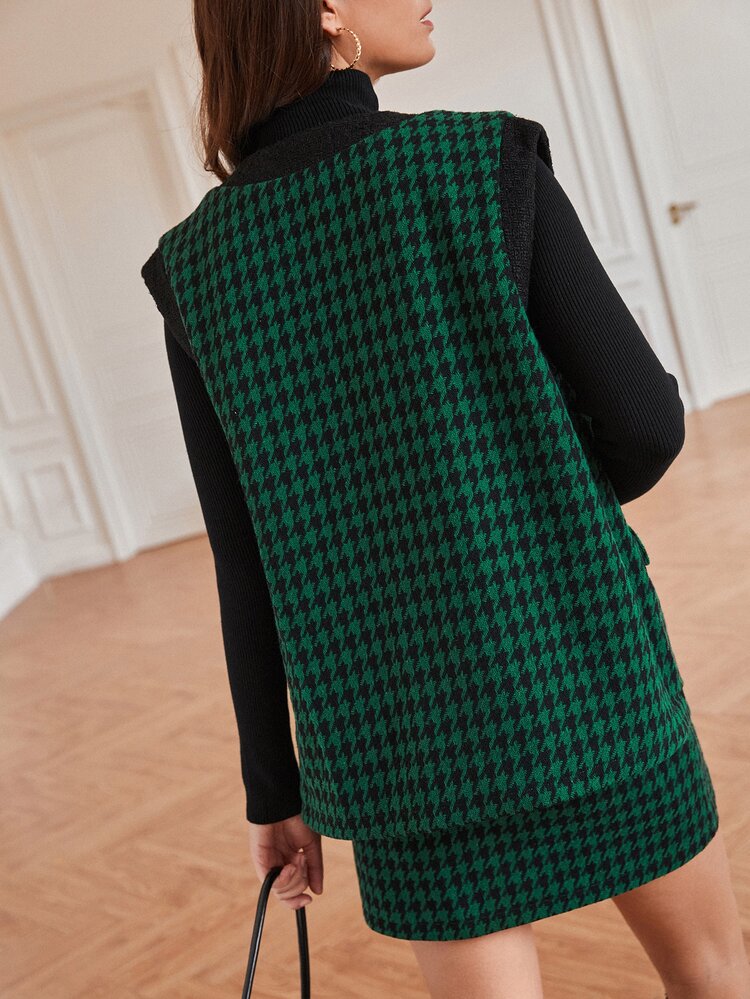 SHEIN Frenchy Houndstooth Tweed Vest Jacket And Skirt - Green - View 6