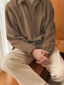 DAZY 男士半排扣落肩袖運動衫 - 棕色 - 查看 3