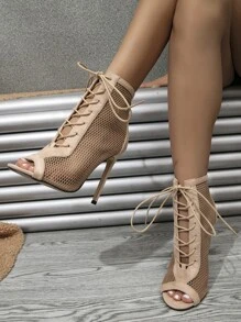 Contrast Mesh Faux Suede Lace-up Front Sandal Boots - Apricot - View 3