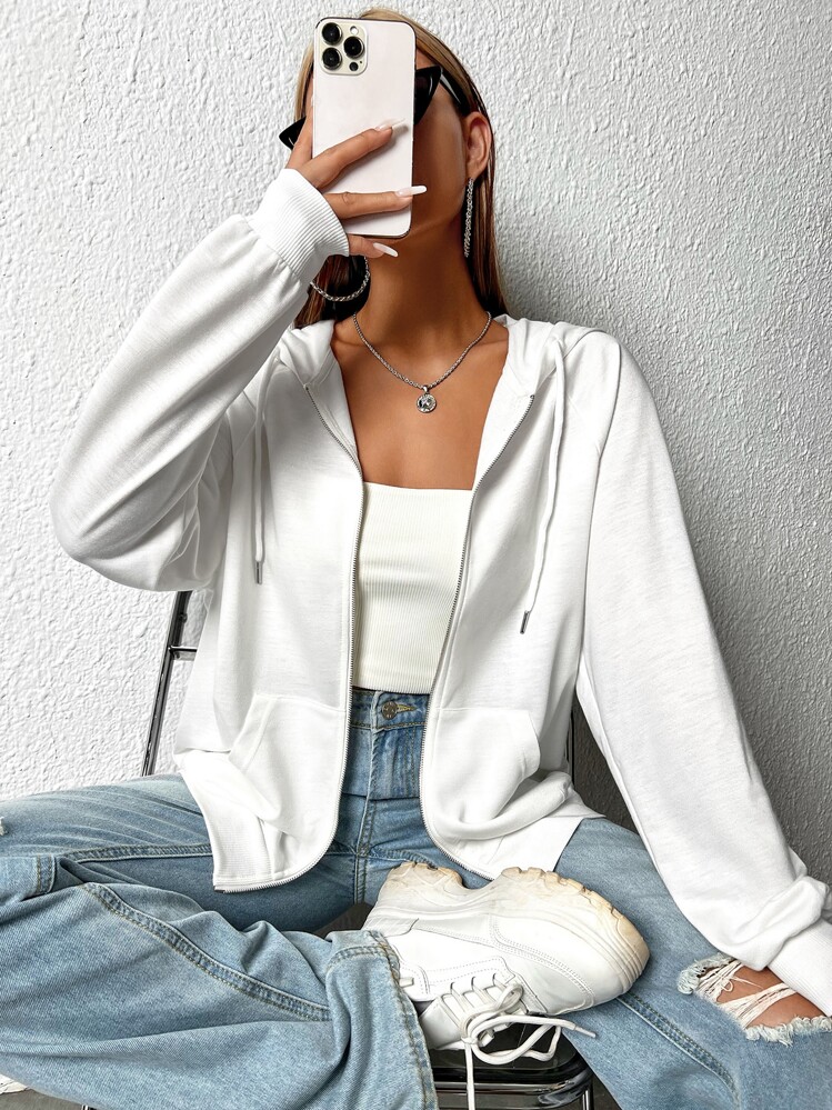 SHEIN EZwear 拉链插肩袖抽绳连帽衫，秋冬长袖上衣 - 白色 - 查看 5