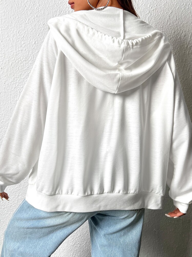 SHEIN EZwear 拉链插肩袖抽绳连帽衫，秋冬长袖上衣 - 白色 - 查看 2