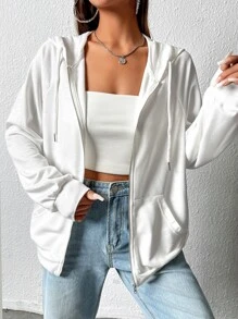 SHEIN EZwear 拉链插肩袖抽绳连帽衫，秋冬长袖上衣 - 白色 - 查看 3