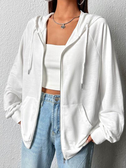 SHEIN EZwear Zip Up Raglan Sleeve Drawstring Hoodie,Long Sleeve Tops In Fall/Winter
