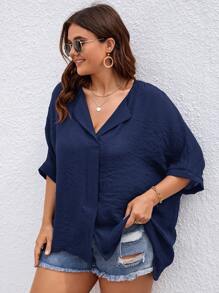 SHEIN Frenchy Blusa unicolor de manga murciélago - Azul Marino - Ver 3