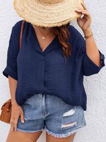 SHEIN Frenchy Blusa unicolor de manga murciélago - Azul Marino - Ver 5