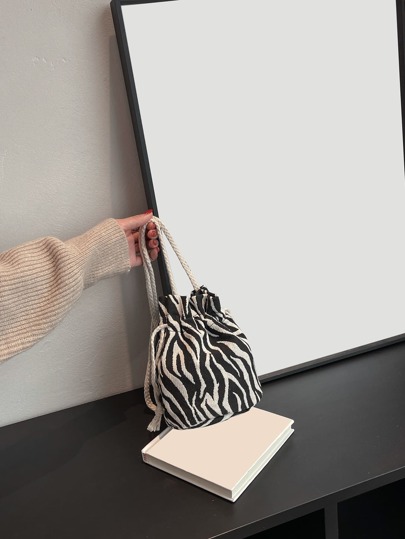 Children's Diagonal Shoulder Bag Drawstring Strap Storage Bag Canvas Casual Mini Messenger Bag Plaid Pattern Crossbody Bag Lightweight,Business Casual Mini Zebra Striped Pattern Drawstring Design Bucket Bag For Teen Girls Women College Students,Rookies & White-collar Workers Perfect for Office,College,Work ,Business,Commute