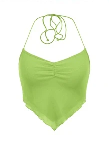 SHEIN ICON Áo hai dây Bất đối xứng Lộ Lưng Xù nhỏ Xù Buộc lại màu trơn Gợi cảm - Màu xanh chanh - Xem 1