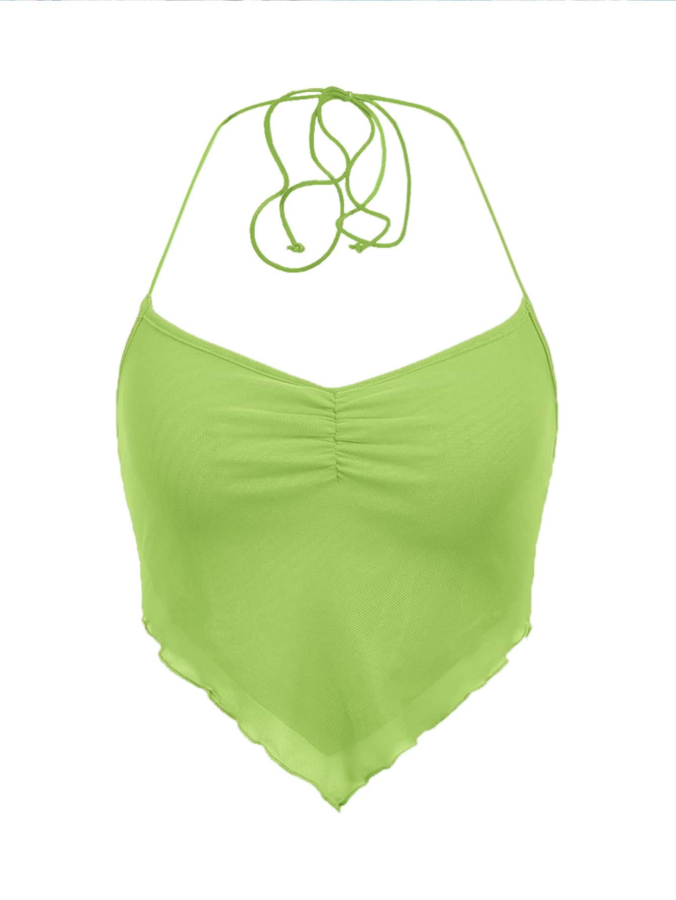 SHEIN ICON Áo hai dây Bất đối xứng Lộ Lưng Xù nhỏ Xù Buộc lại màu trơn Gợi cảm - Màu xanh chanh - Xem 1