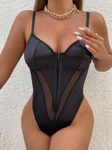 Allurite 網紗拼接吊帶連體衣 - 黑色 - 查看 4