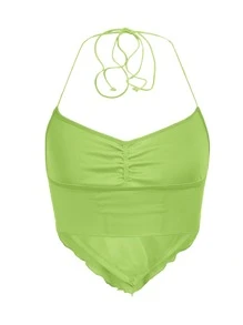 SHEIN ICON Áo hai dây Bất đối xứng Lộ Lưng Xù nhỏ Xù Buộc lại màu trơn Gợi cảm - Màu xanh chanh - Xem 2