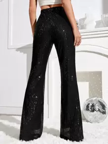 SHEIN BAE High Waist Sequin Flare Leg Trousers - Black - View 2