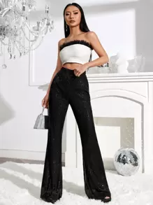 SHEIN BAE High Waist Sequin Flare Leg Trousers - Black - View 5
