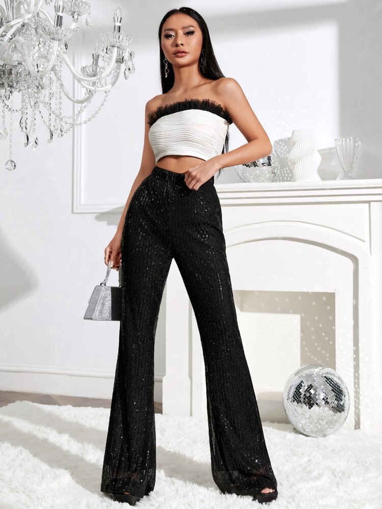 SHEIN BAE High Waist Sequin Flare Leg Pants - Black - View 5