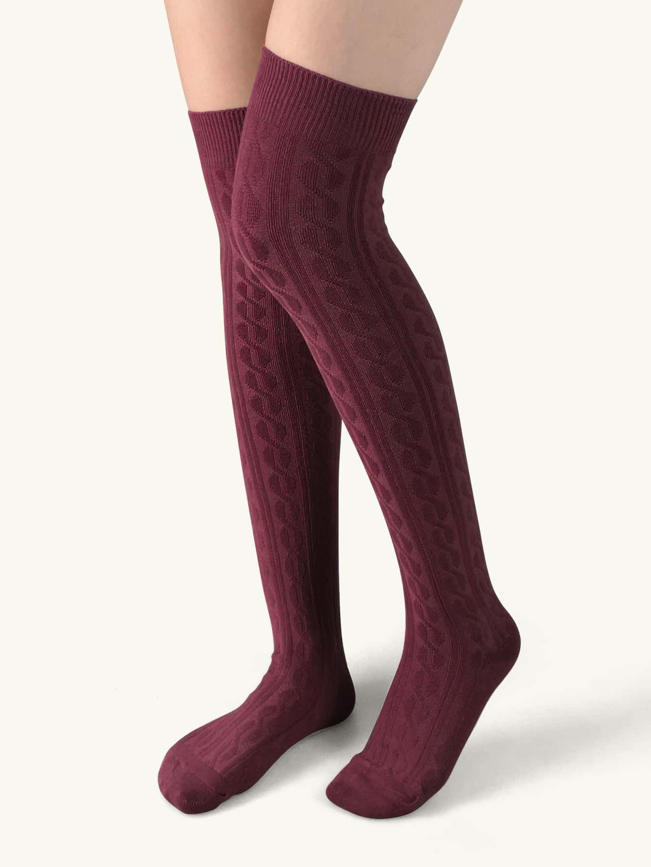 纯色弹力过膝袜，舒适 - 酒紅色 - 查看 5