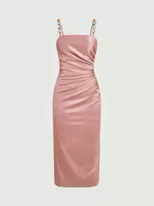 SHEIN Belle Chain Strap Ruched Dress - Dusty Pink - View 2