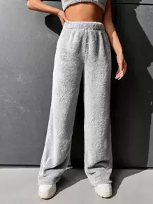SHEIN EZwear High Waist Flannel Straight Leg Trousers - Light Grey - View 1
