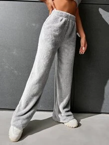 SHEIN EZwear High Waist Flannel Straight Leg Trousers - Light Grey - View 3