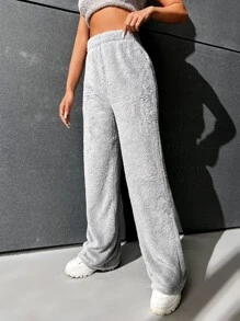 SHEIN EZwear High Waist Flannel Straight Leg Trousers - Light Grey - View 5