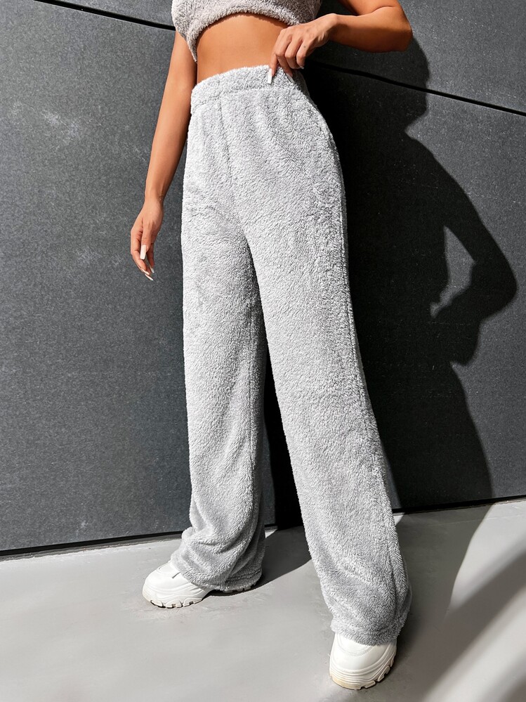 SHEIN EZwear 高腰法蘭絨直筒褲 - 淺灰色 - 查看 5