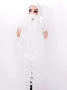 1pc Medium Curly Synthetic Wig With Bangs & 1pc Cosplay Long Beard - White - View 1